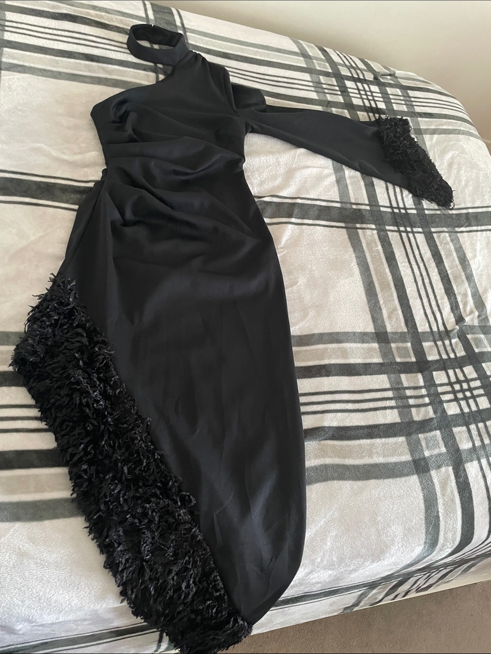 ASOS Black One-Shoulder Feather-Trim Dress